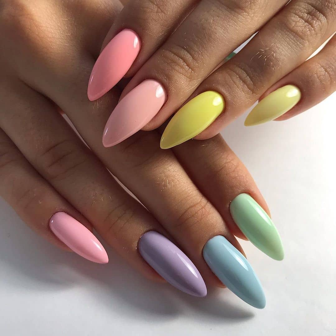 Pastel Rainbow Glossy Almond Nails
