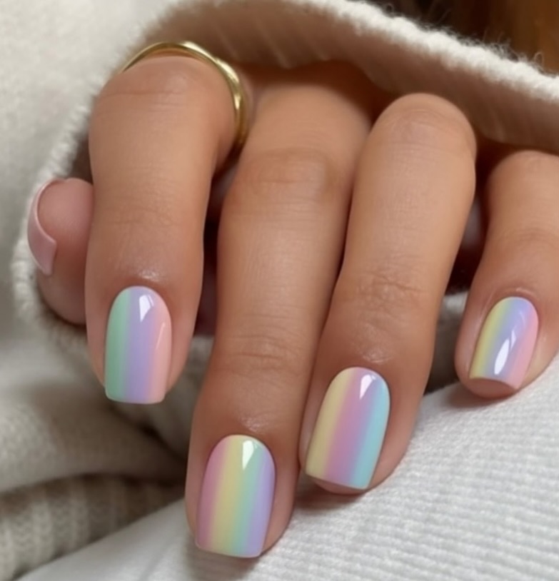 Pastel Rainbow Gradient Short Squoval Glossy Nails