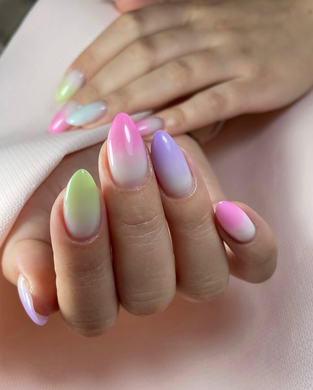 Pastel Rainbow Ombré Glossy Almond Nails