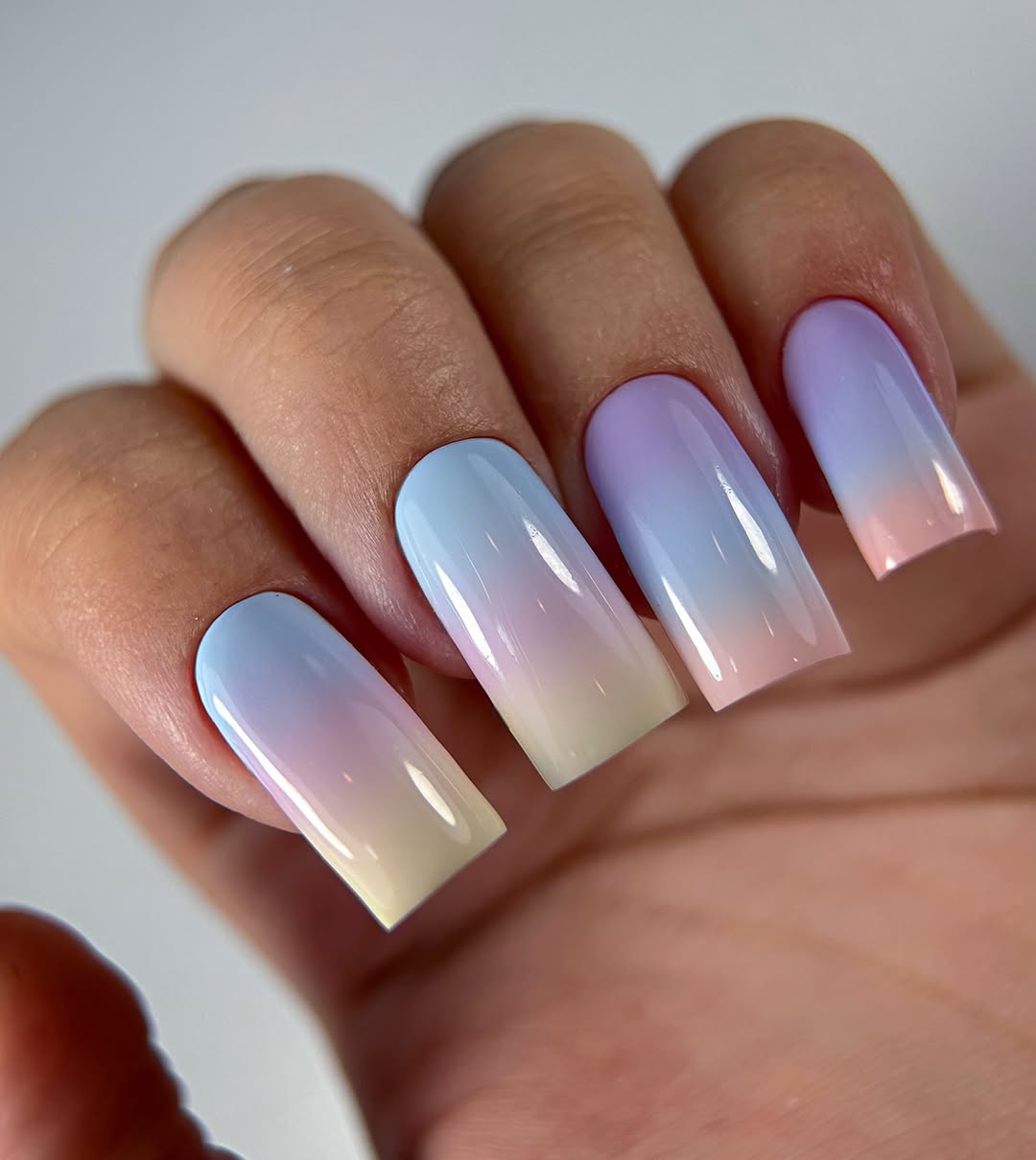 Pastel Rainbow Ombré Glossy Long Square Nails
