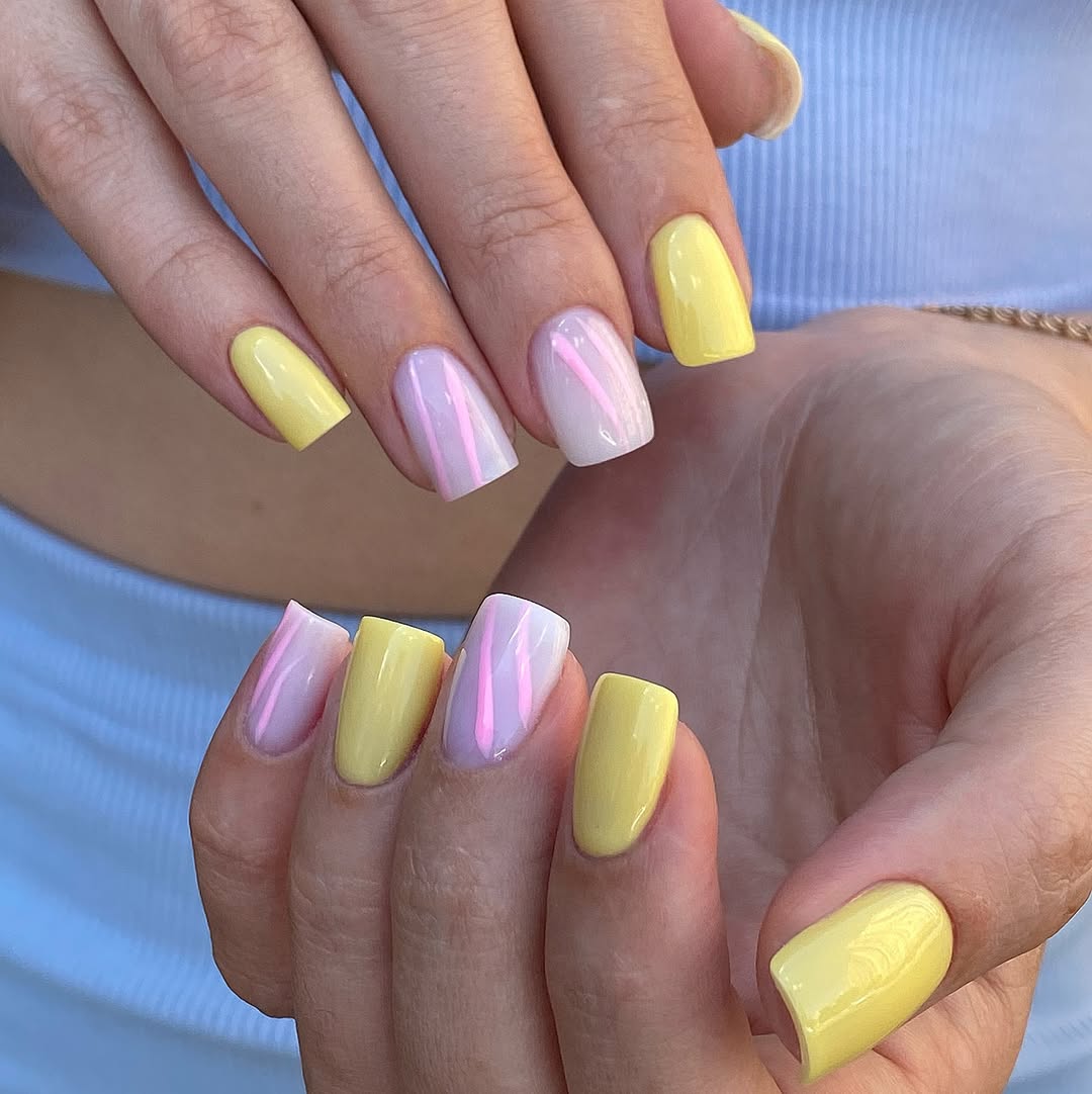 Pastel Yellow and Striped Lilac Square Nails
