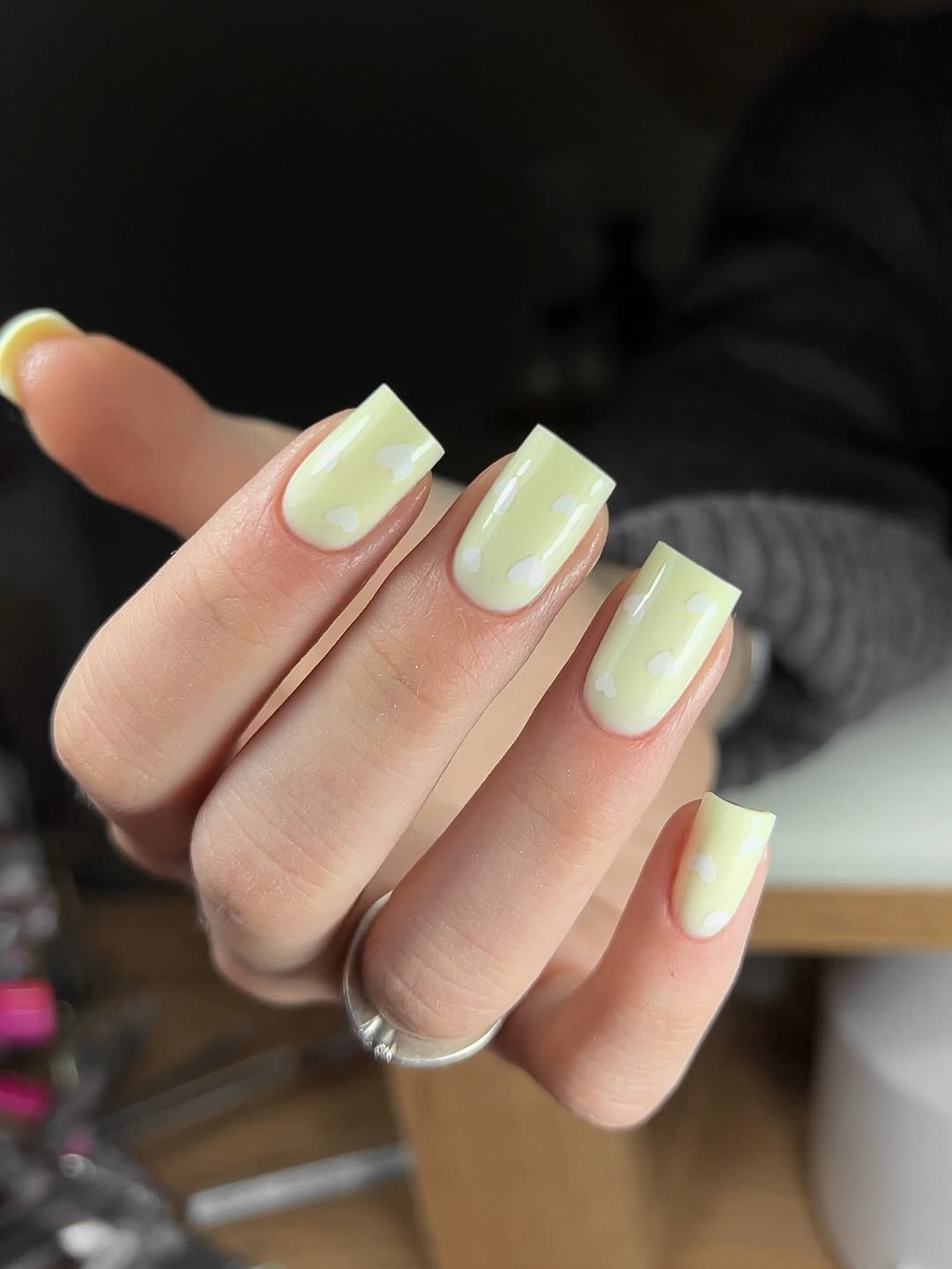 Pastel Yellow White Heart Square Nails