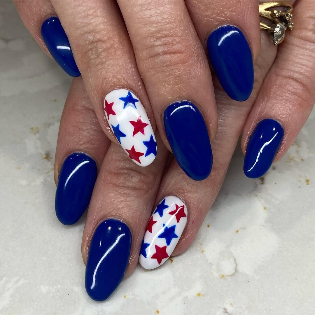 Patriotic Cobalt Blue White Star Accent Oval Nails