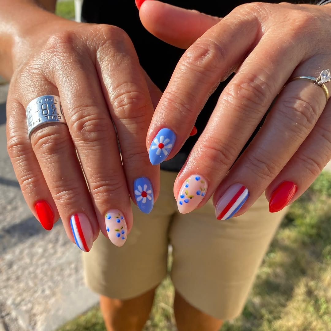 Patriotic Floral Red White Blue Mismatched Nails