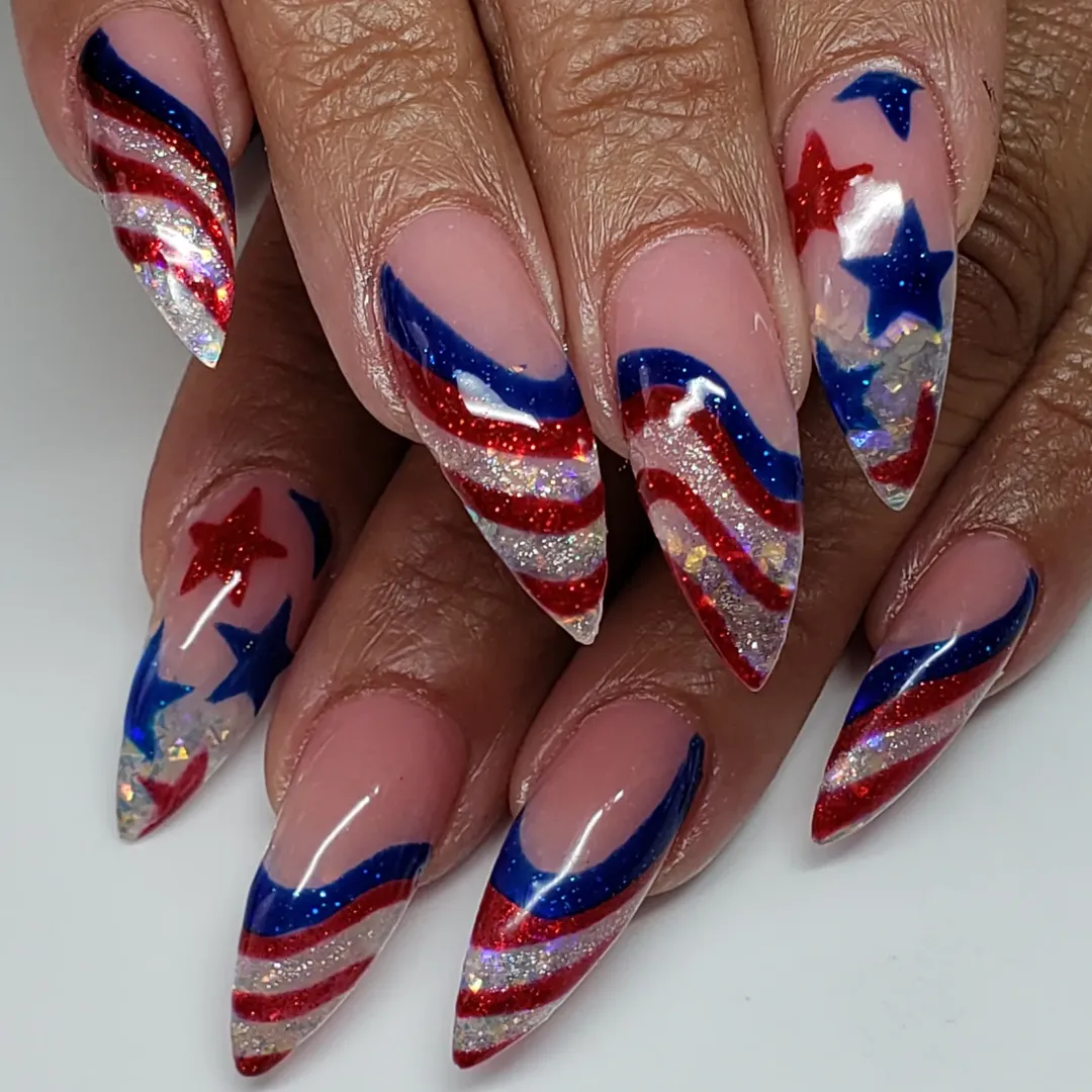 Patriotic Glitter Swirl Stiletto Nails