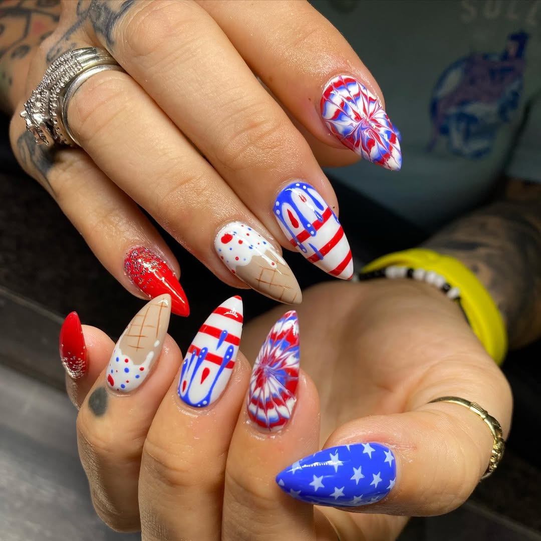 Patriotic Ice Cream Independence Day Stiletto Nails