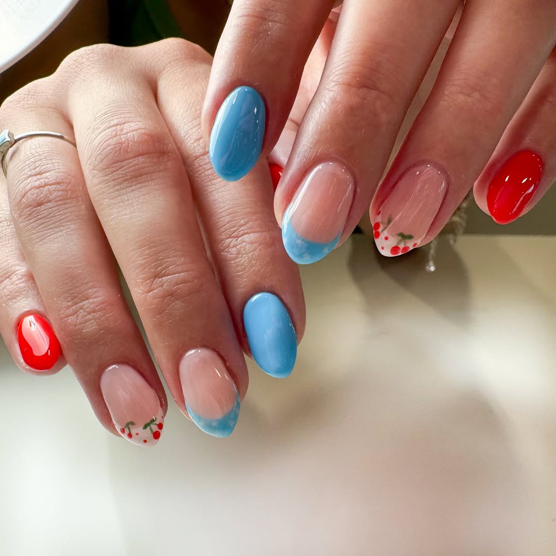 Patriotic Playful Blue Red Cherry Print French Tips