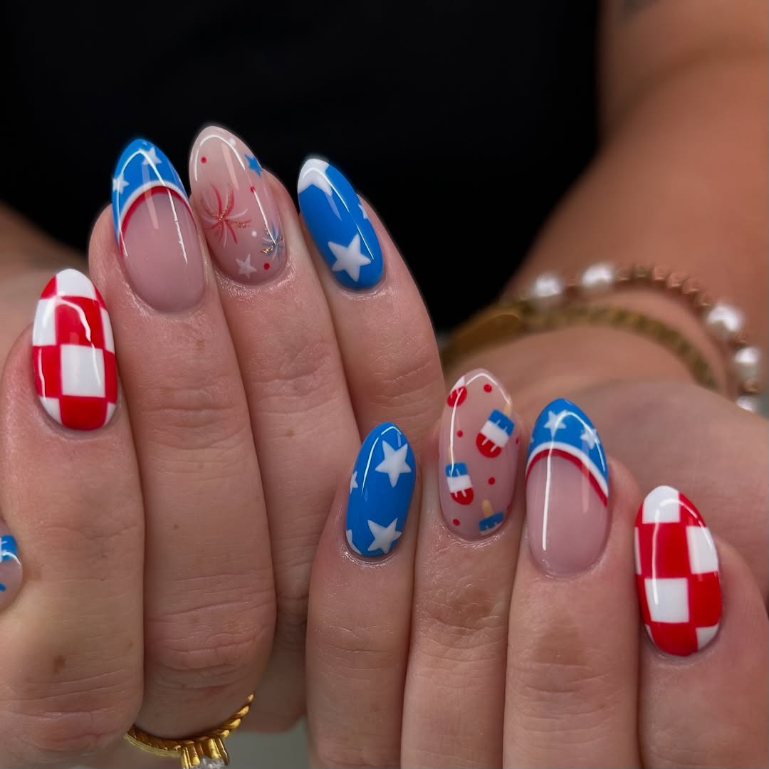 Patriotic Playful Blue Red White Nail Art