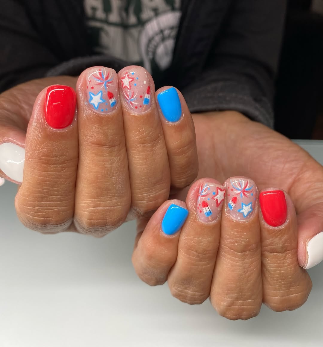 Patriotic Playful Red White Blue Nails