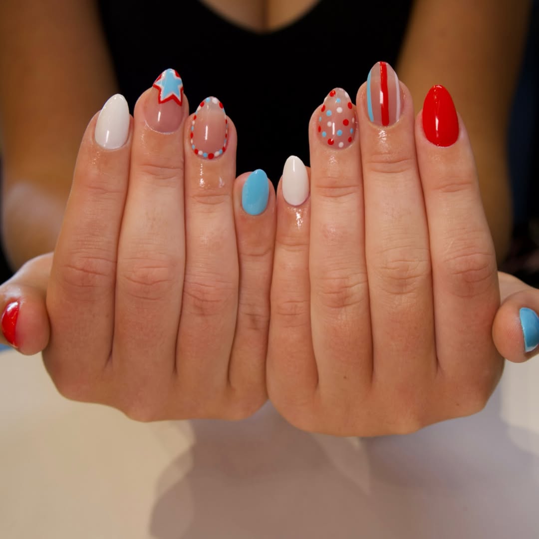 Patriotic Pop Art Red White Blue Almond Nails