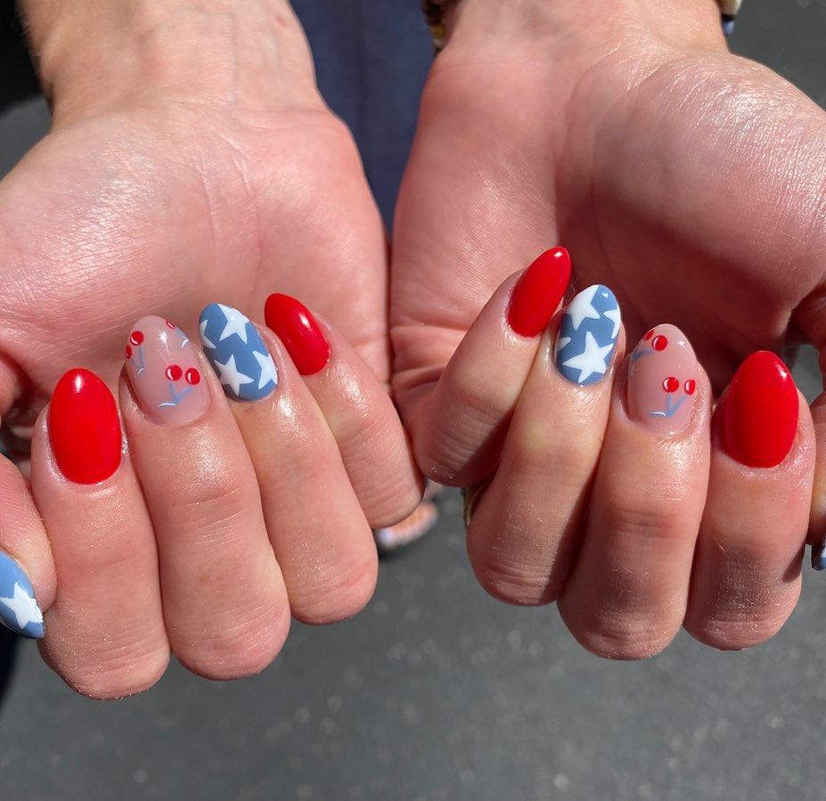 Patriotic Red White and Blue Cherry Star Nails