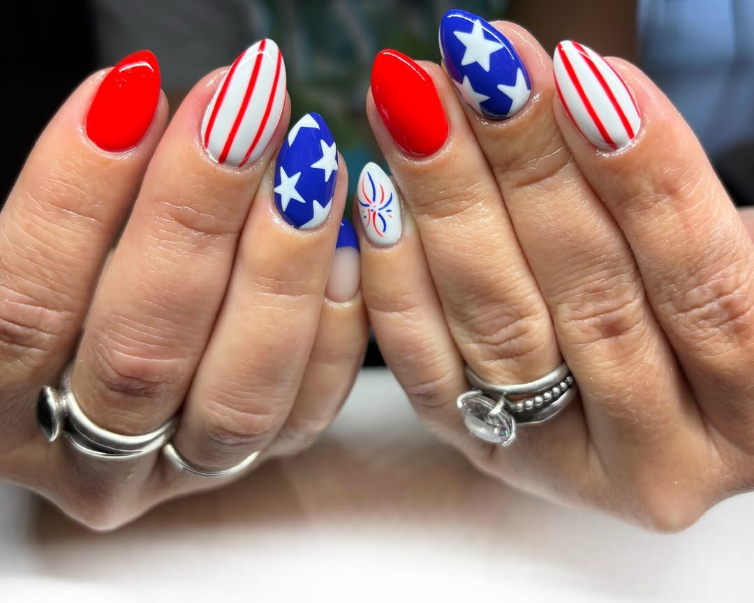 Patriotic Red White Blue Almond Glam Nails