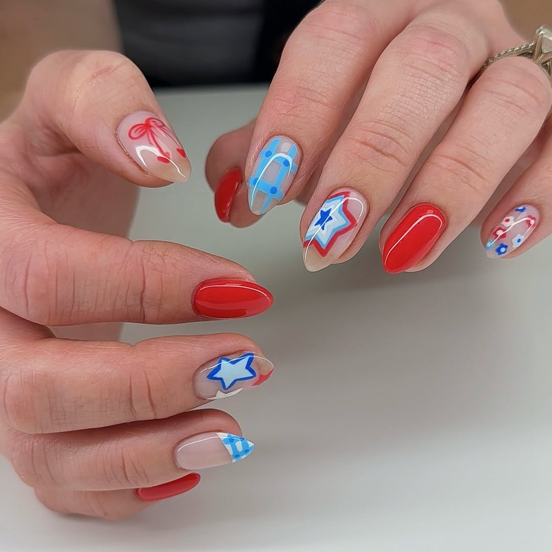 Patriotic Red White Blue Almond Nail Art