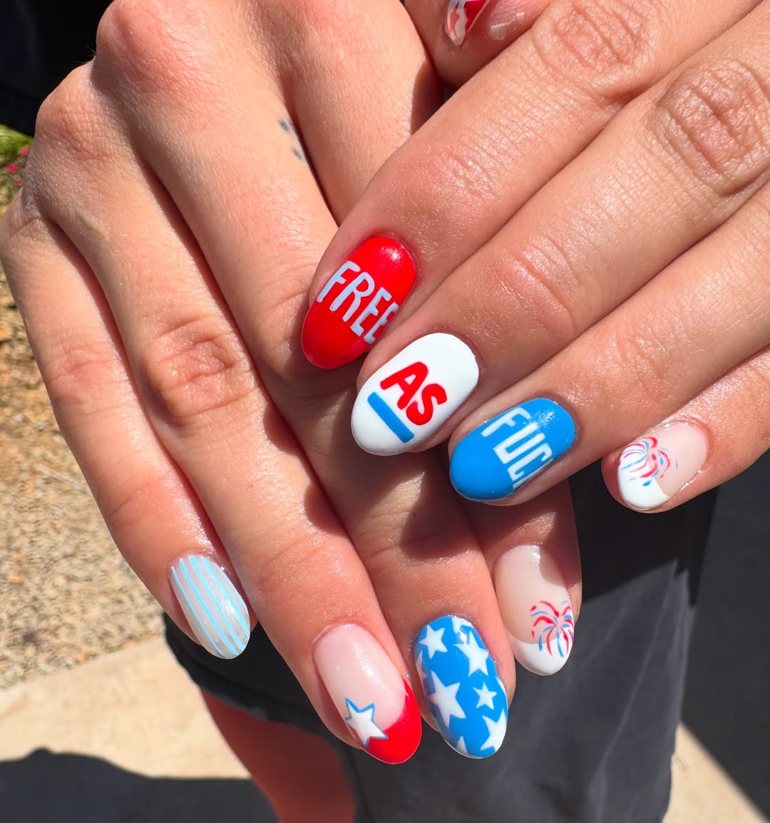 Patriotic Red White Blue Almond Nails