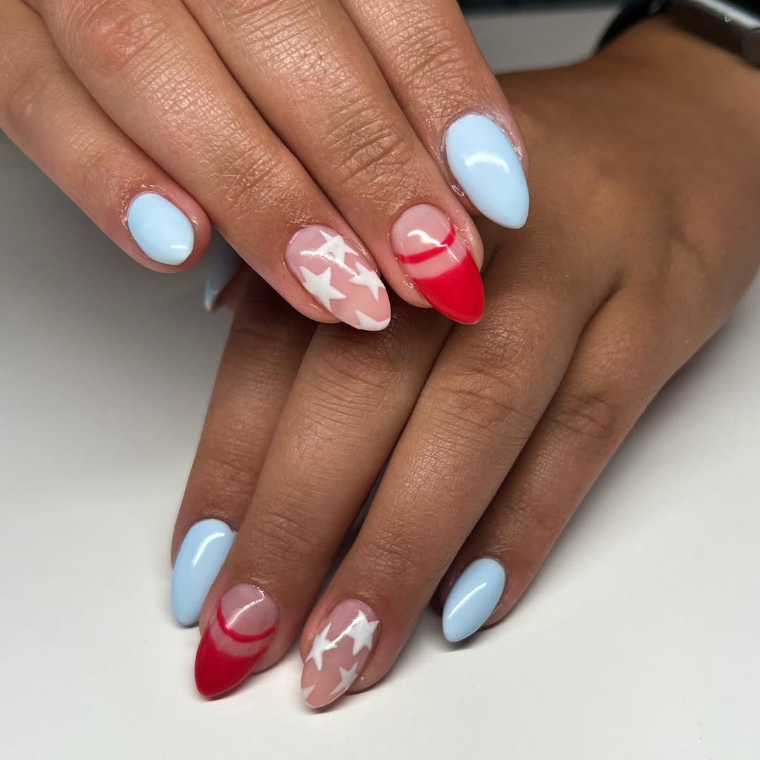 Patriotic Red White Blue Almond Nails
