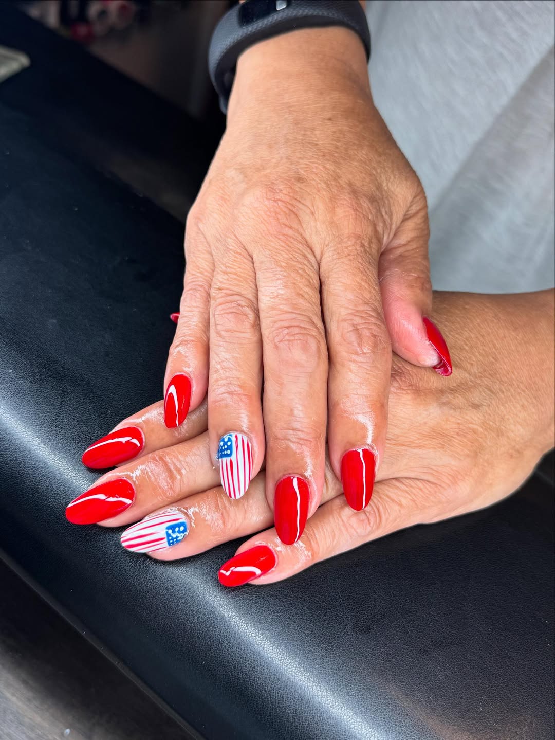 Patriotic Red White Blue Almond Nails