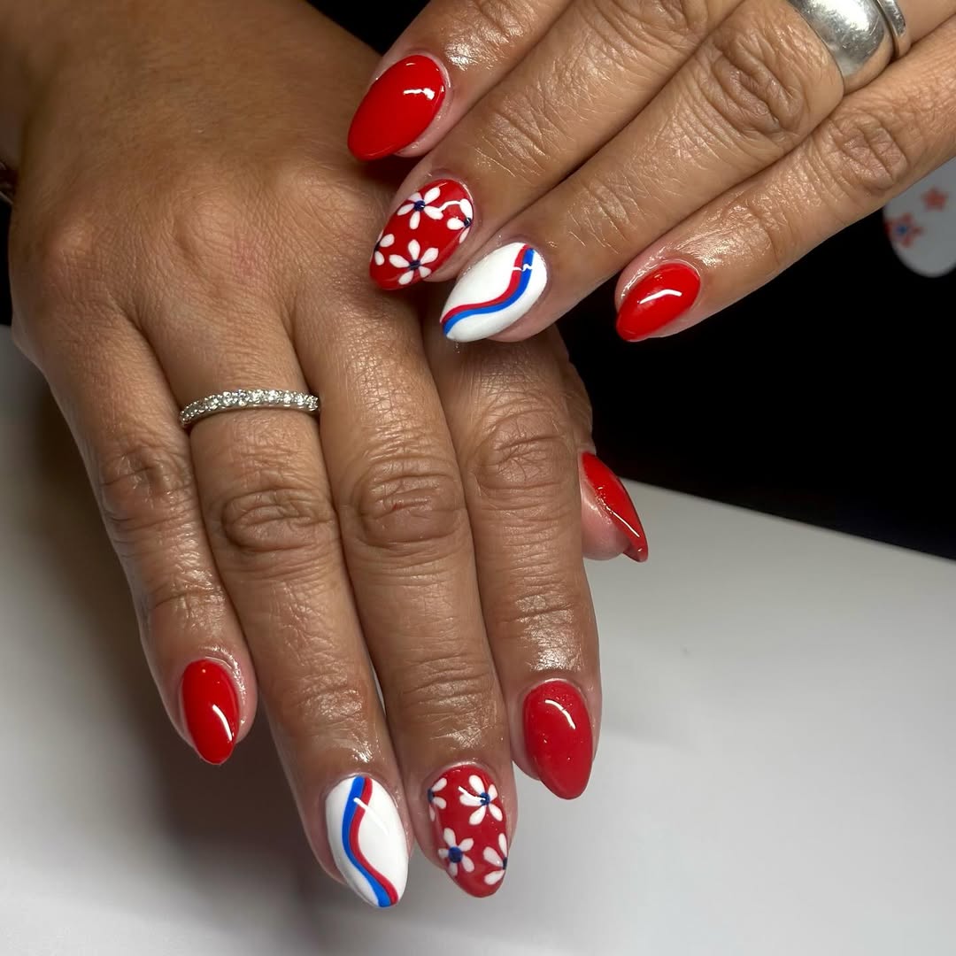Patriotic Red White Blue Almond Nails Floral Accents