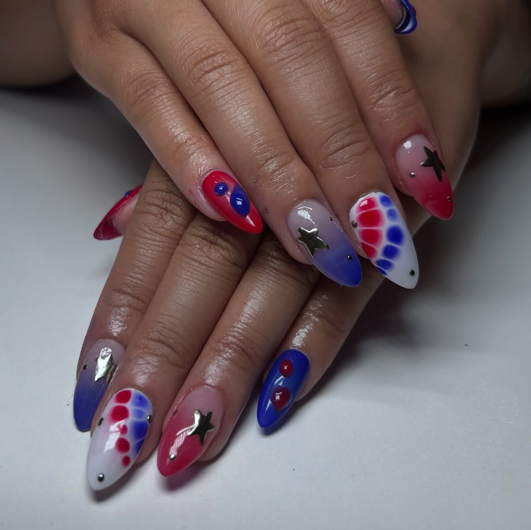 Patriotic Red White Blue Almond Star Nails