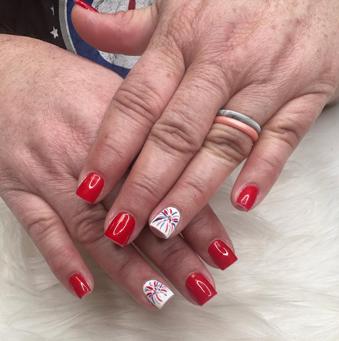 Patriotic Red White Blue Firework Short Square Nails