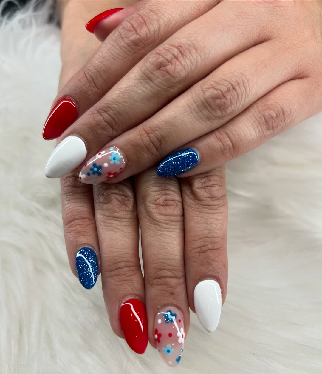 Patriotic Red White Blue Floral Almond Glitter Nails
