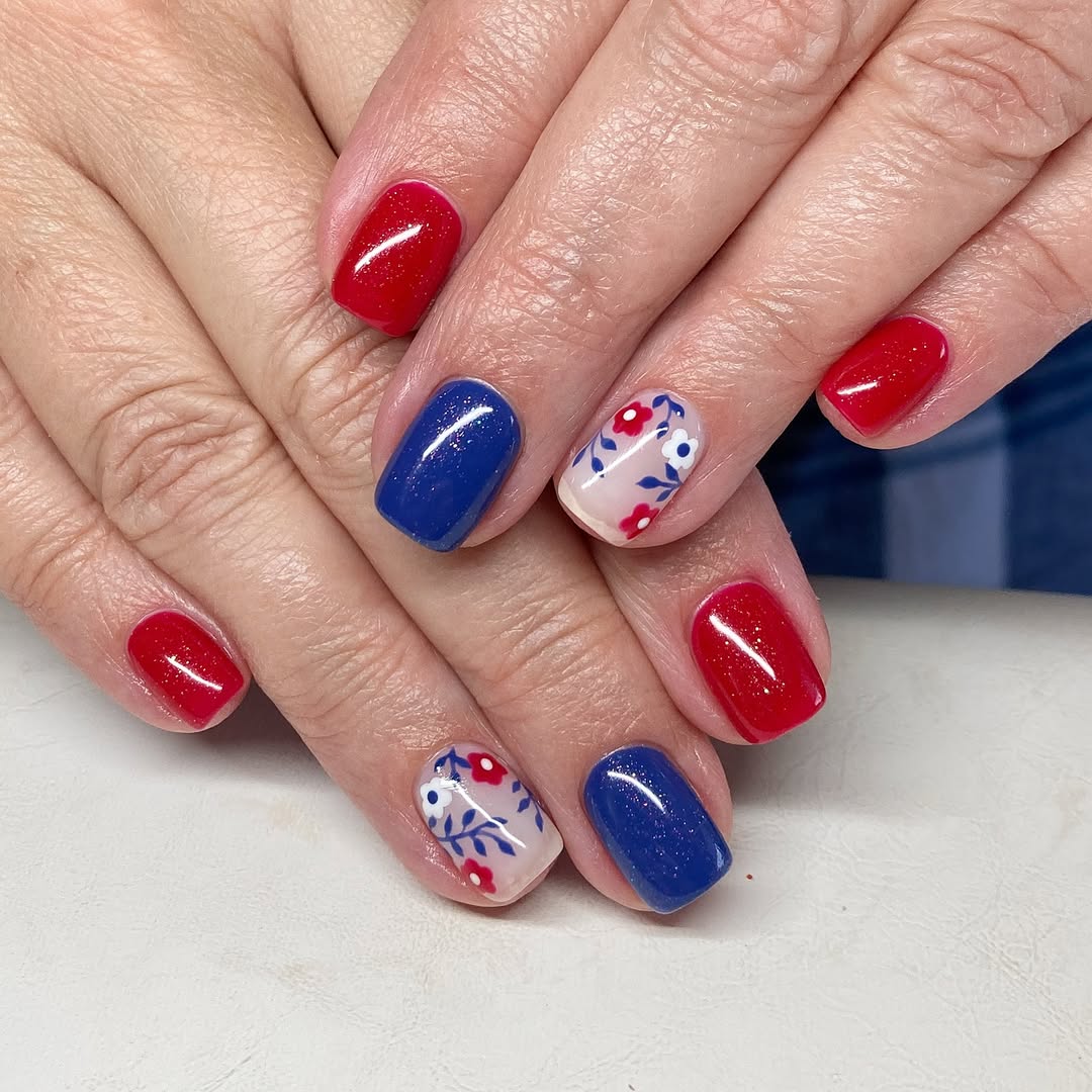 Patriotic Red White Blue Floral Nail Art