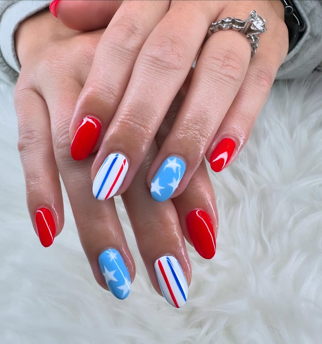 Patriotic Red White Blue Star Striped Oval Nails