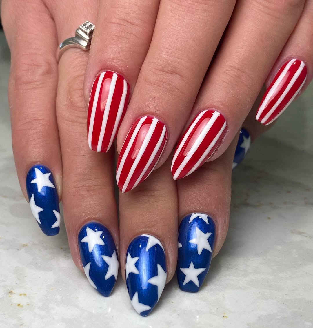 Patriotic Red White Blue Stars Stripes Almond Nails