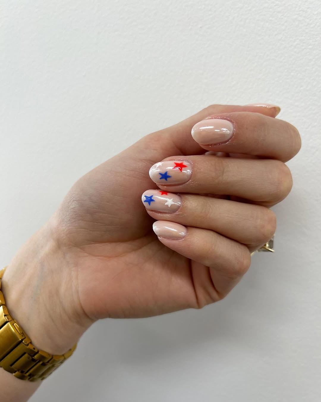 Patriotic Star Nude Glossy Short Oval Nails
