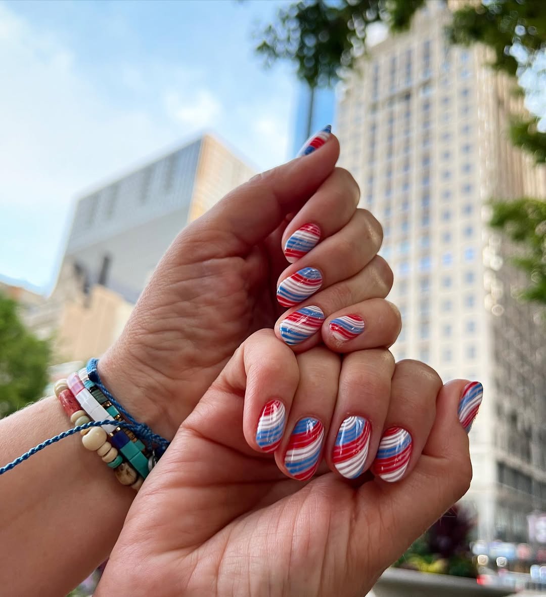 Patriotic Swirls Red White Blue Oval Nails