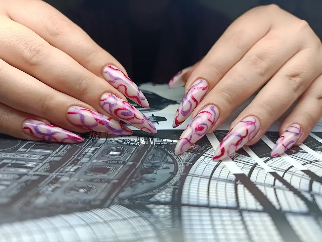 Pink and Purple Swirl Stiletto Nails