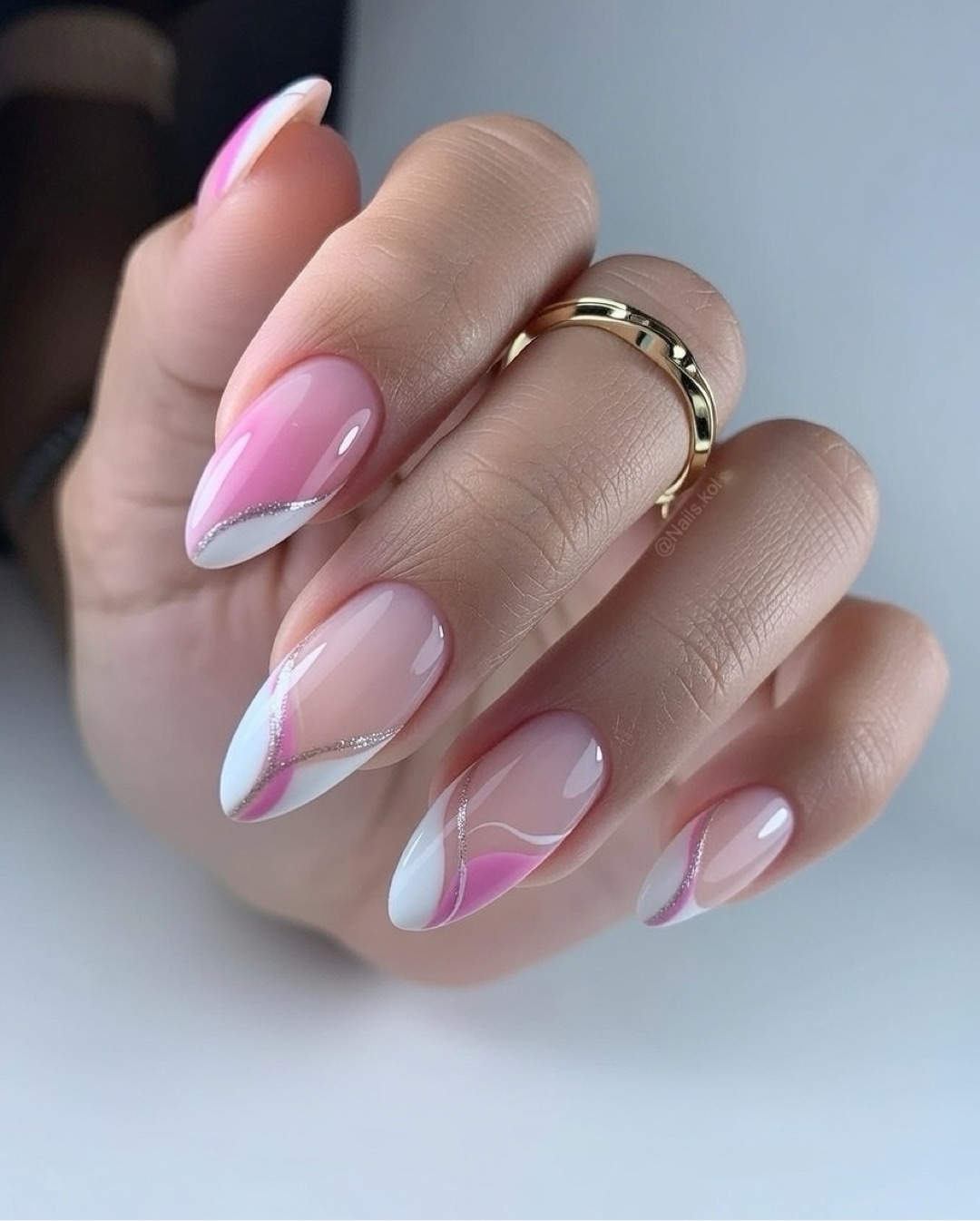 Pink and White Swirl Abstract Almond Nails