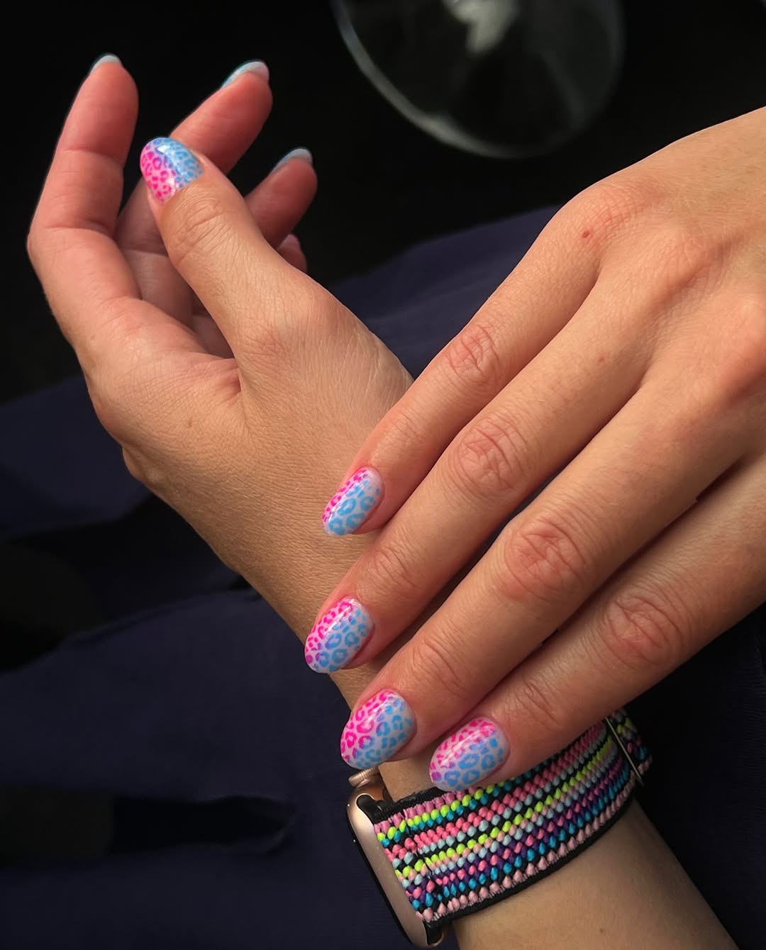 Pink Blue Leopard Print Short Round Nails