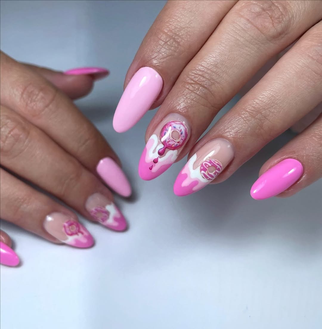 Pink Donut Glaze Almond Nail Art