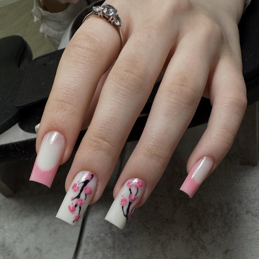 Pink Floral Branches French Tip Coffin Nails