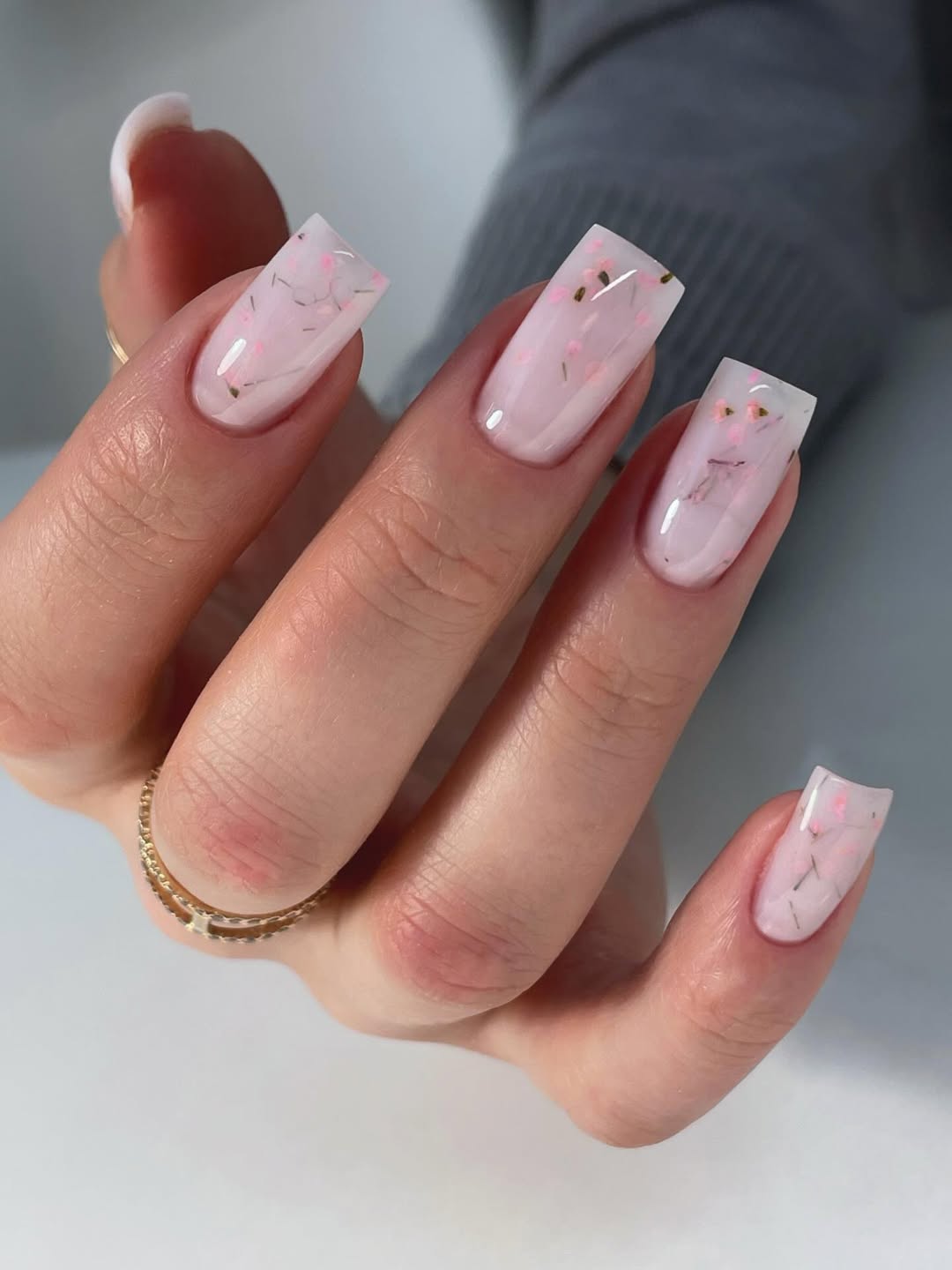 Pink Floral Encapsulated Glossy Square Nails