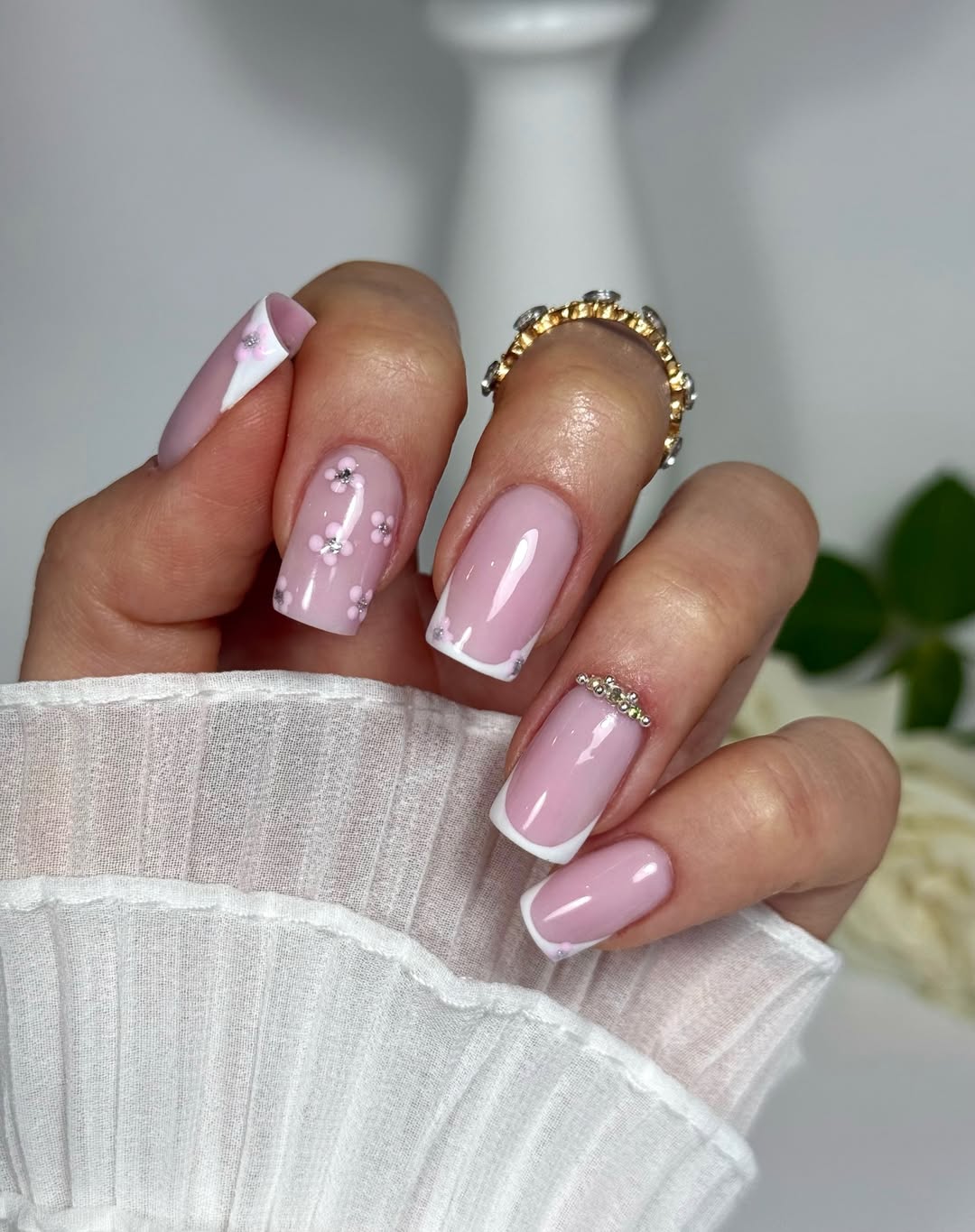 Pink Floral French Tip With Rhinestone Accents