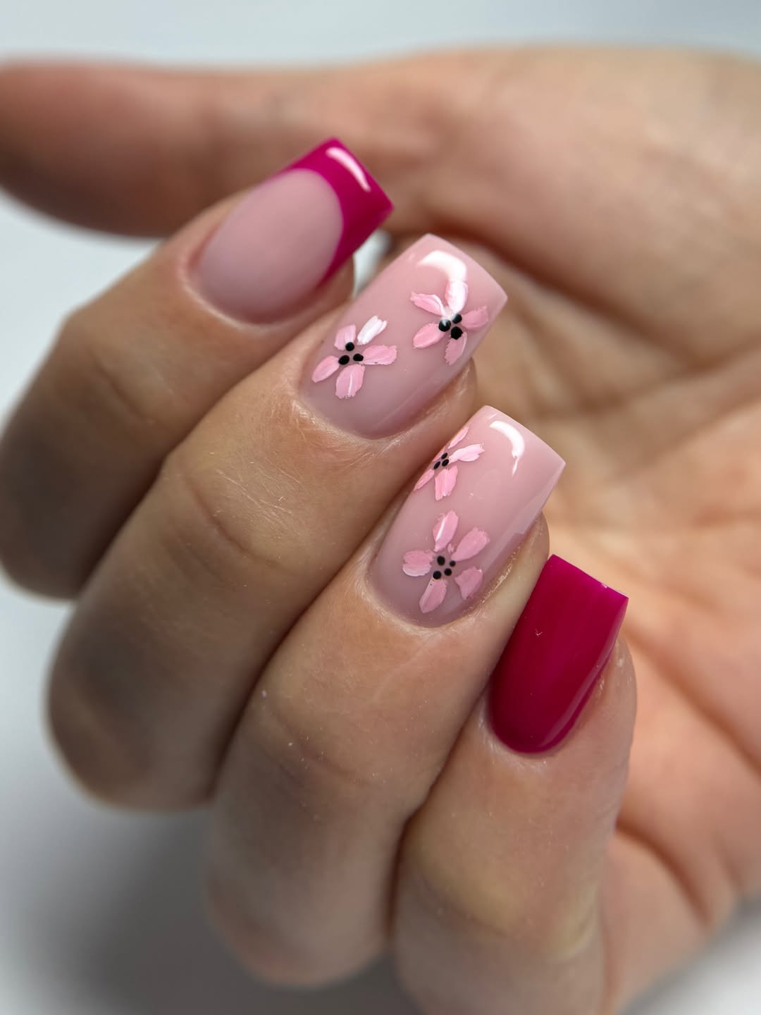 Pink Floral French Tips And Accent Full Coverage