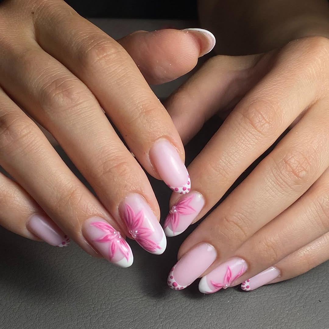 Pink Floral French Tips With Pearl Accents
