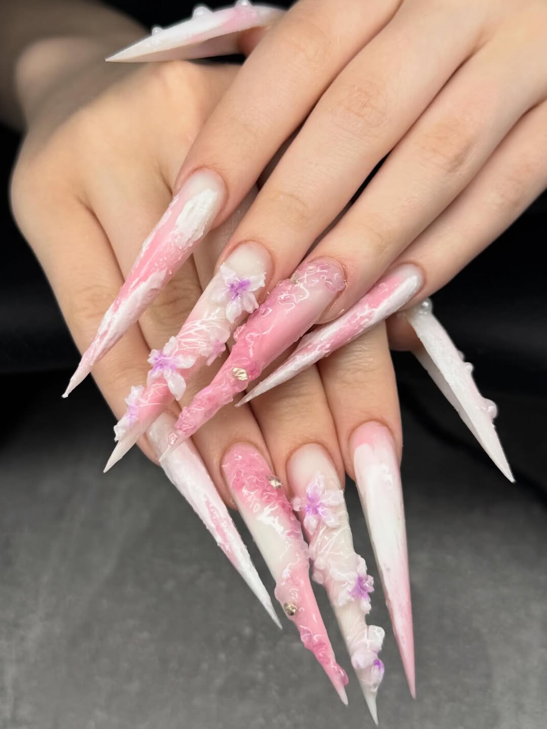 Pink Floral Textured Stiletto Statement Nails