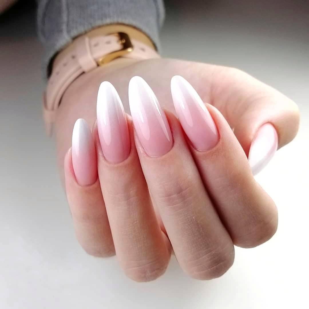 Pink French Ombre Glossy Almond Nails