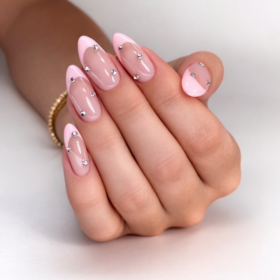 Pink French Ombre Rhinestone Accent Almond Nails