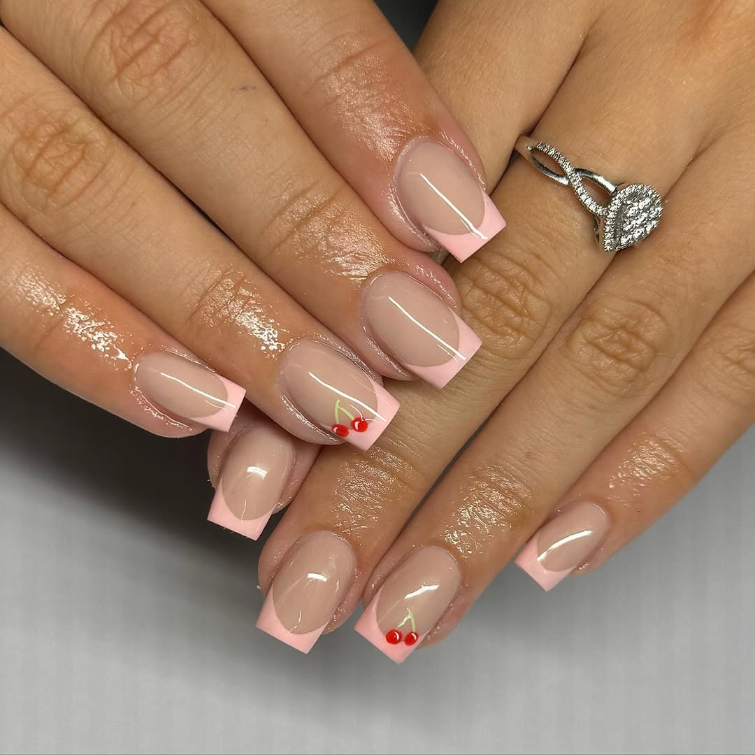 Pink French Tip with Cherry Nail Art