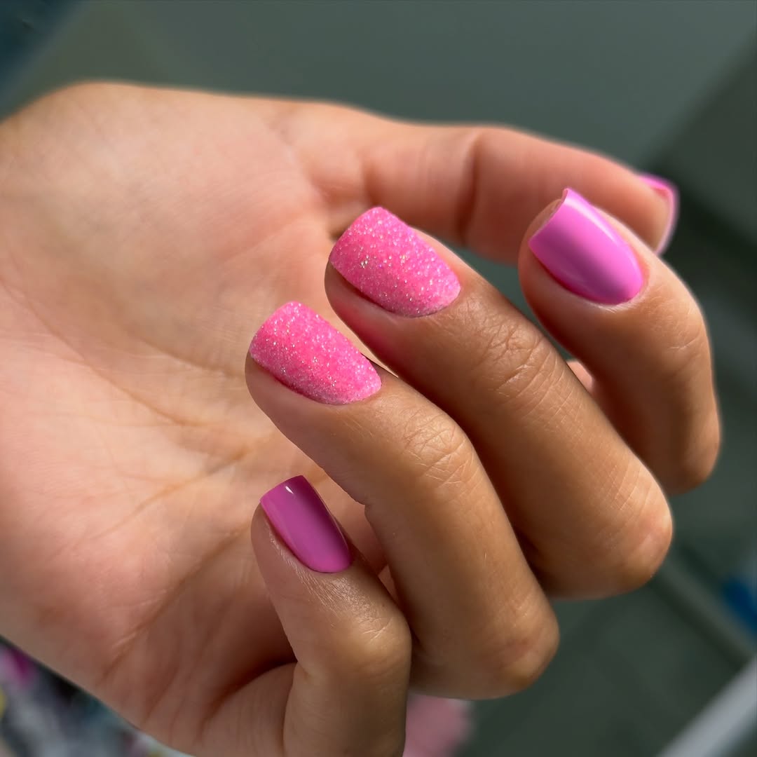 Pink Glitter and Glossy Mismatched Short Squoval Nails