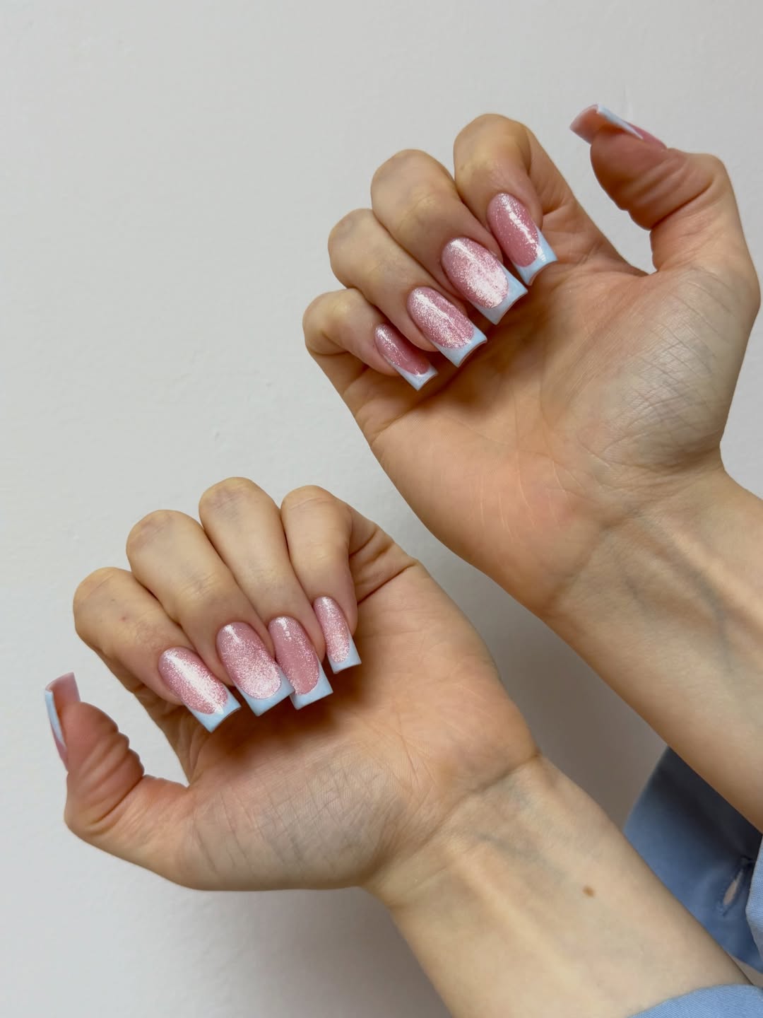 Pink Glitter French Tips With Baby Blue