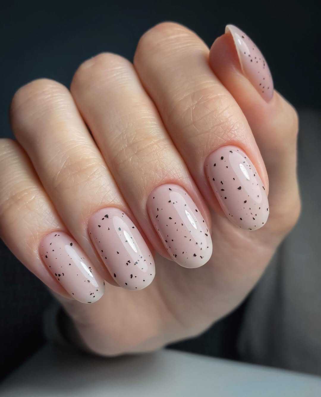 Pink Jelly Black Speckle Oval Nails
