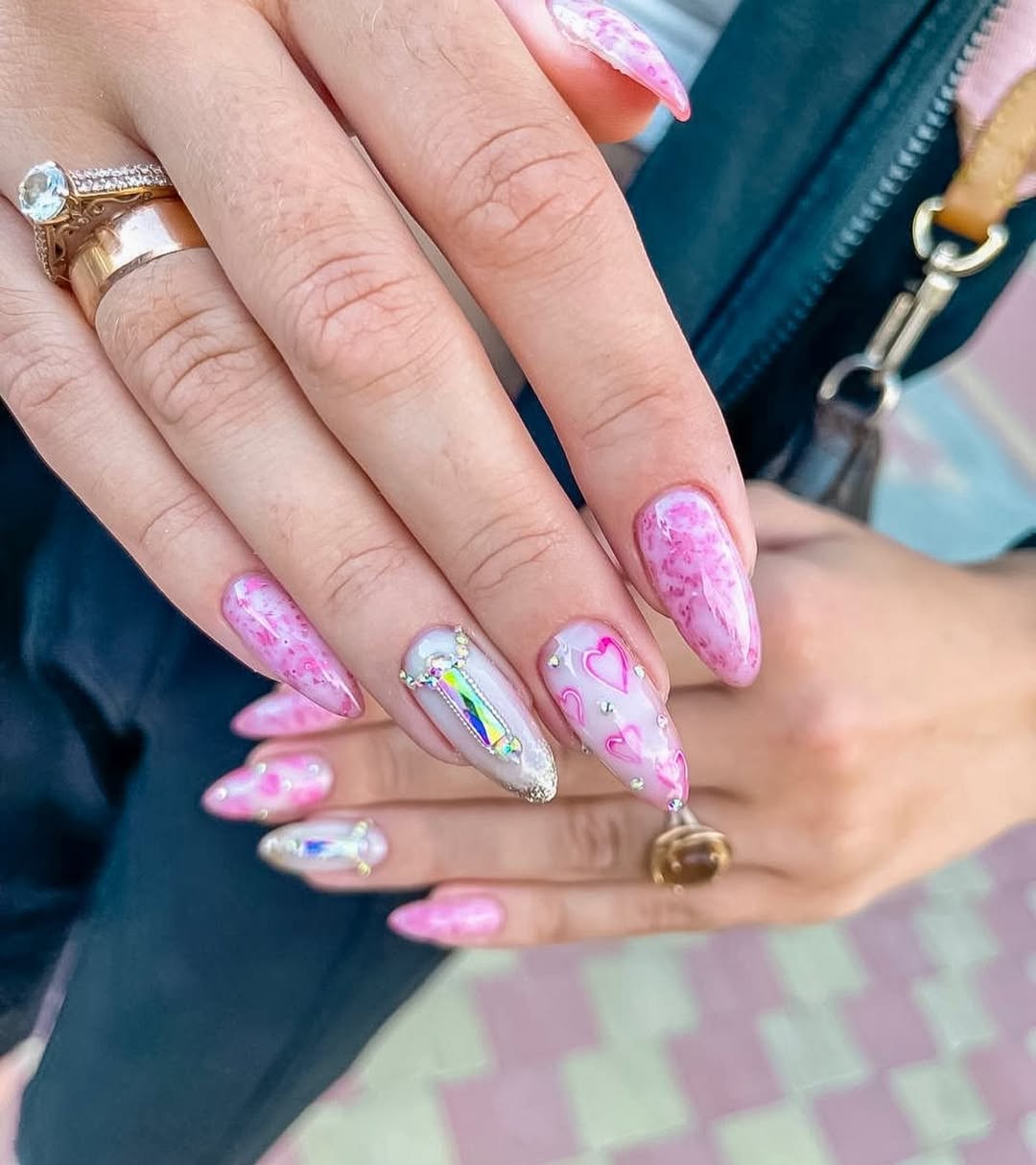 Pink Marble & Heart Almond Rhinestone Nails