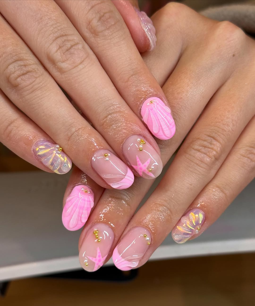 Pink Mermaid Shell Starfish Summer Nails