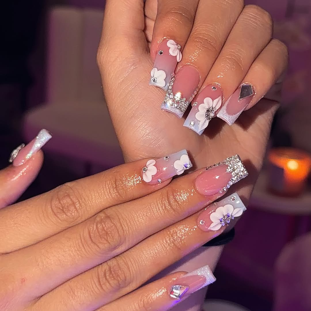 Pink Ombre Bling French Tips with 3D Flowers