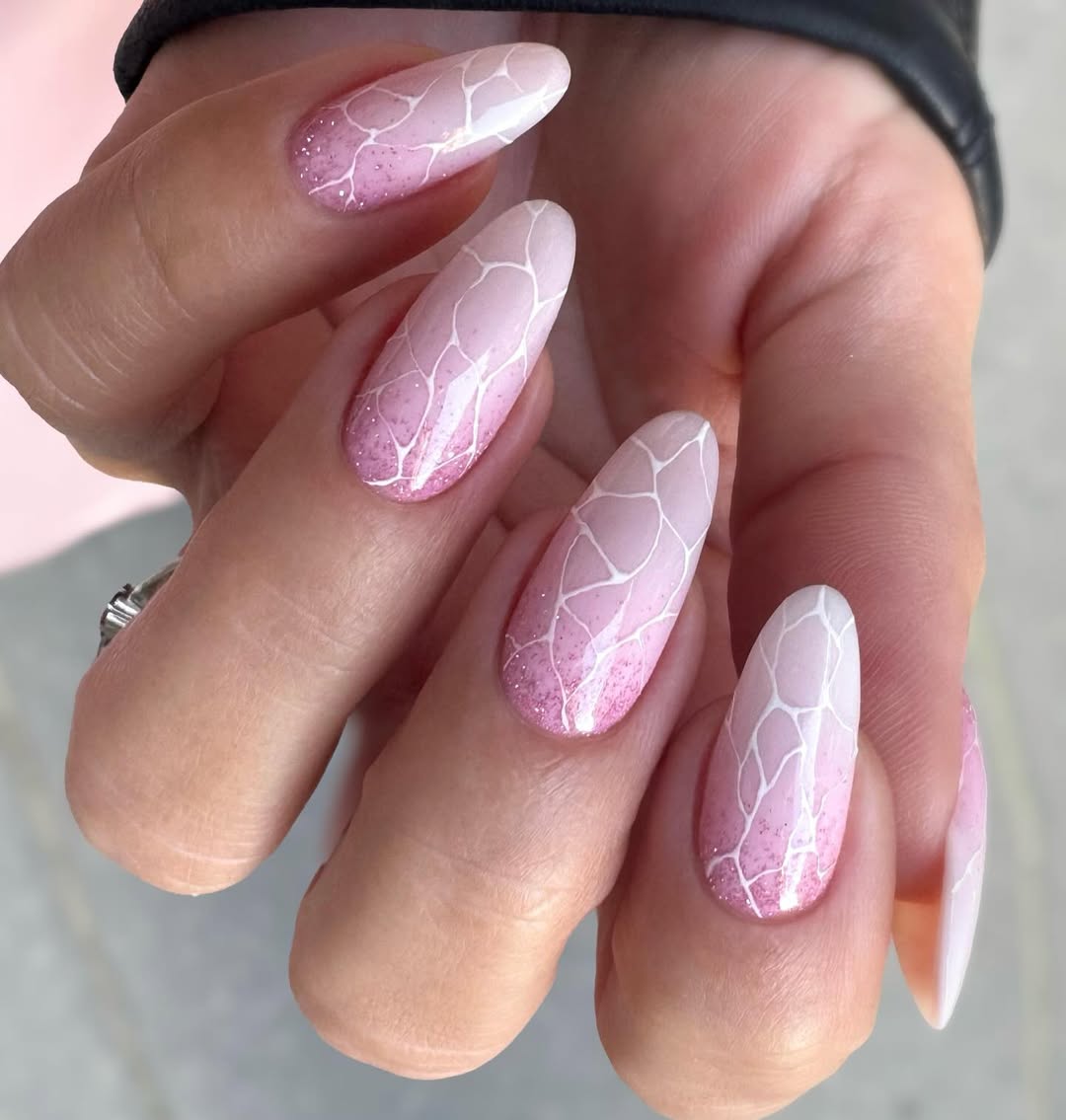 Pink Ombre Glitter White Geometric Almond Nails