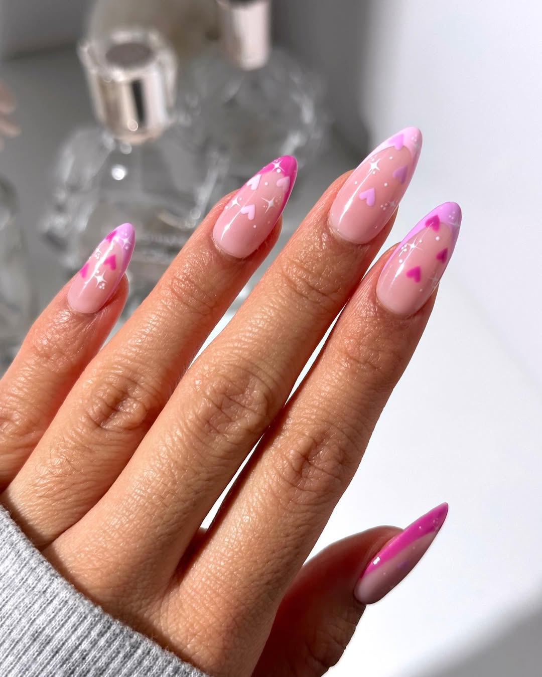 Pink Ombre Heart French Tip Almond Nails